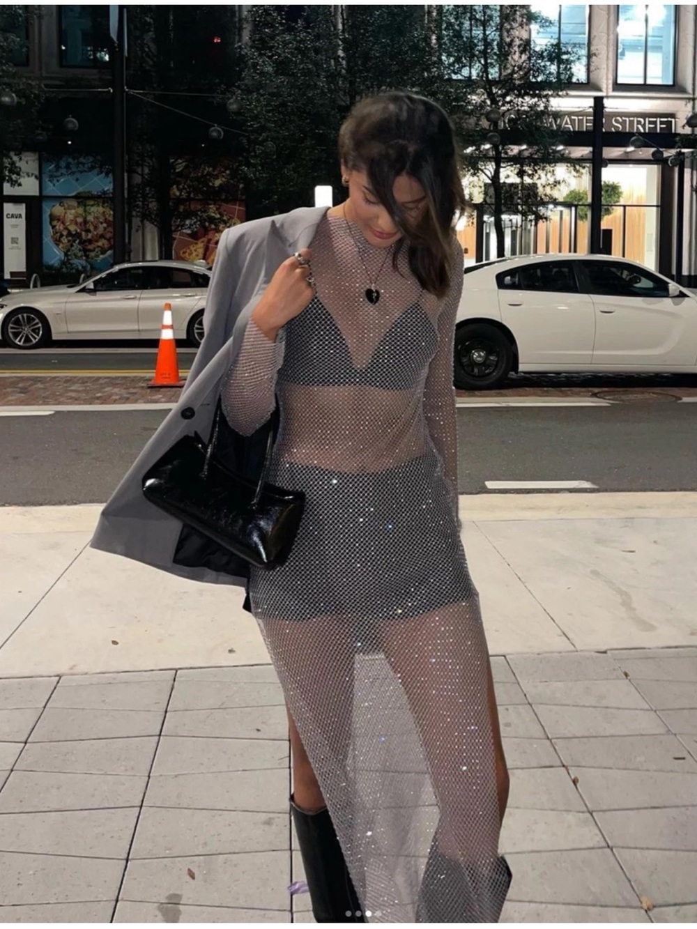 Zara Silver Mesh Sheer Rhinestone Maxi Dress